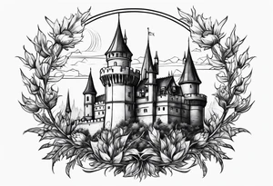 Thistles growing around a castle turret tattoo idea