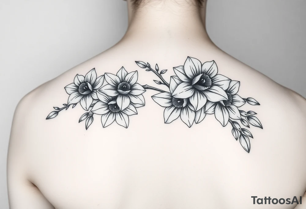 realistic daisies, daffodils, lily of the valley covering upper arm for woman tattoo idea