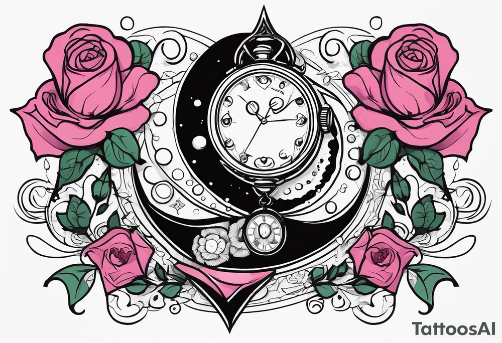 I want a design to print on t-shirts. The design is an hourglass with a wristwatch in the middle with Amazigh numbers, and this watch is surrounded by planets and Ashulk roses. tattoo idea