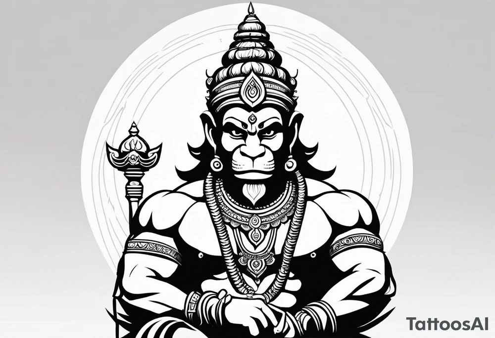 A simplified depiction of Hanuman, focusing on clean lines and minimal detail to capture his essence. Key features like his face, his mace (gada), and his posture could be subtly defined, without overwhelming detail. Avoid intricate textures, focusing more on silhouette and key symbolic elements.

ensure his entire body and tail 
is in the design tattoo idea