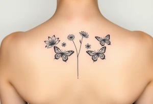 Vertical line down the middle

Water lily, honeysuckle, narcissus, violet and a daisy on top of vertical line

Small butterflies tattoo idea