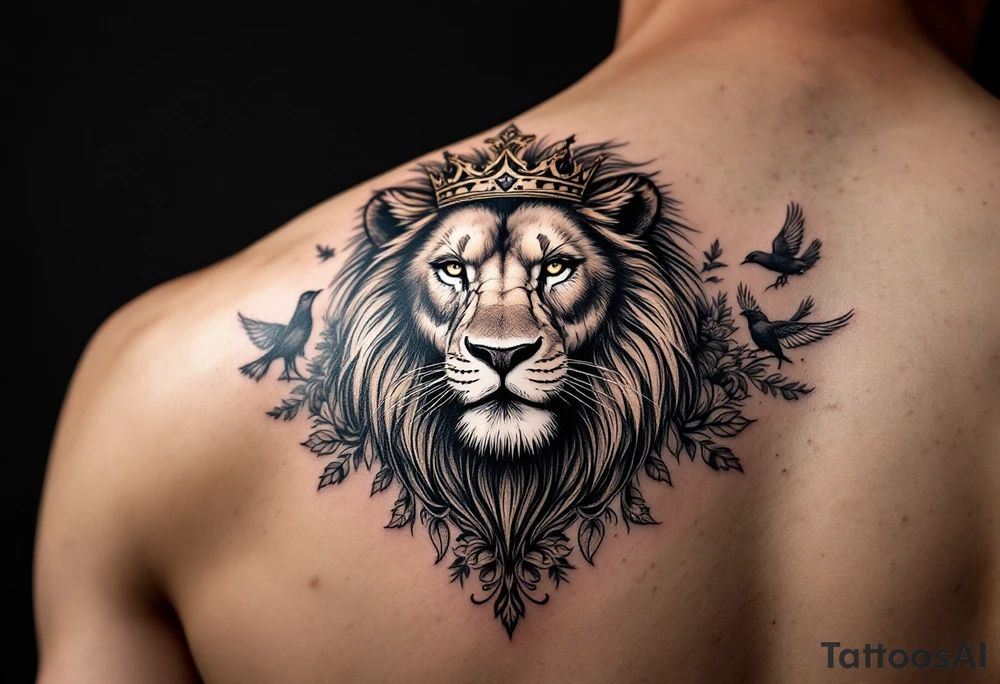 powerful majestic lion with a crown, surrounded by floral ornaments and birds tattoo idea