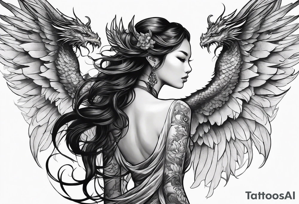 beautiful warrior nymph with large wings coming out of her back and a dragon in the background tattoo idea
