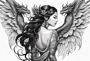 beautiful warrior nymph with large wings coming out of her back and a dragon in the background tattoo idea