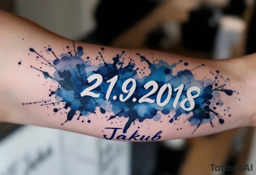 Bold numbers "21.9.2018 v 7:30" with the name "Jakub" beneath, surrounded by a blue watercolor splash. tattoo idea