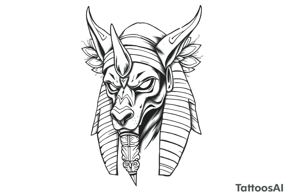 powerful majestic muscle anubis Egyptian god face without eyes with mantle on head tattoo idea