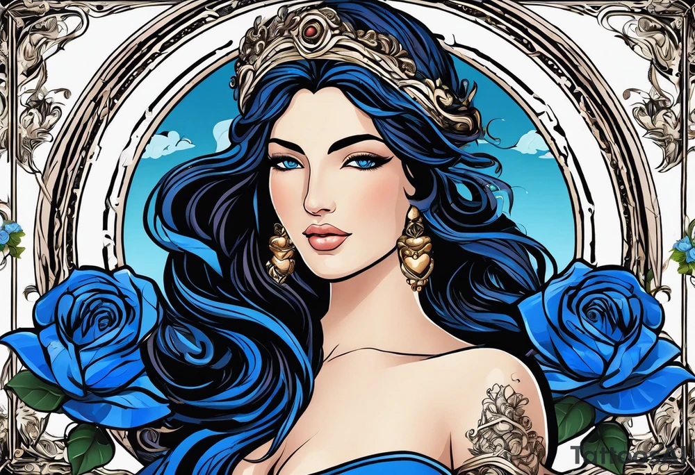 Aphrodite is the goddess of love, with a seaside background, surrounded by birds.. blue roses frames, background blue,present it in a, black hair, love motives, herat,motifs expressing love and the feeling of love tattoo idea