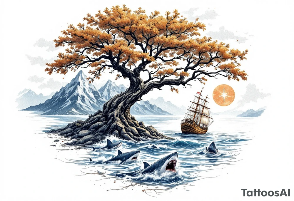 tattoo that has an acacia tree with mountains, ocean with a ship wreck with sharks and the northern star tattoo idea