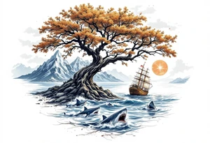 tattoo that has an acacia tree with mountains, ocean with a ship wreck with sharks and the northern star tattoo idea