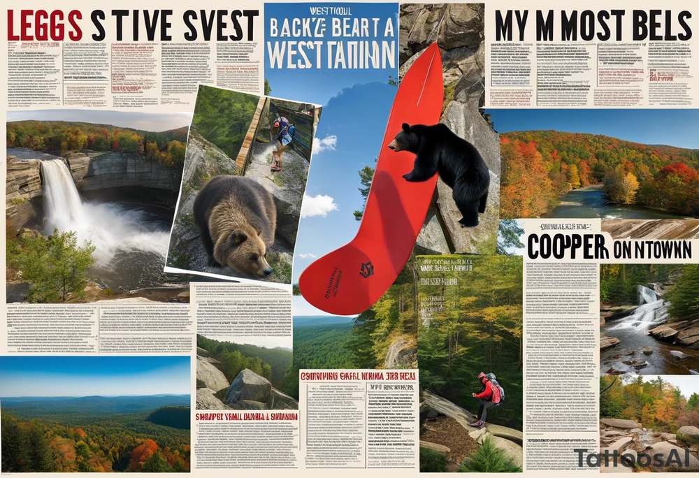 Legs sleeve capturing the most important things in my life - [ ] West Virginia native animals 
- [ ] black bear
- [ ] Trout
- [ ] cardinal
- [ ] Cooper’s Rock Morgantown, WV
- [ ] Black water falls WV
- [ ] Bickle knob observation tower WV
- [ ] Lettering - “Montani Semper Liberi”
- [ ] Snowboarding
- [ ] Fairmont, WV
- [ ] Army and country
- [x]  Crazy horse tattoo idea
