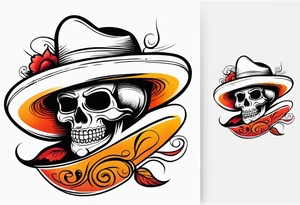 Mexican skull with sombrero with smoke coming out of the bottom orange and red tattoo idea