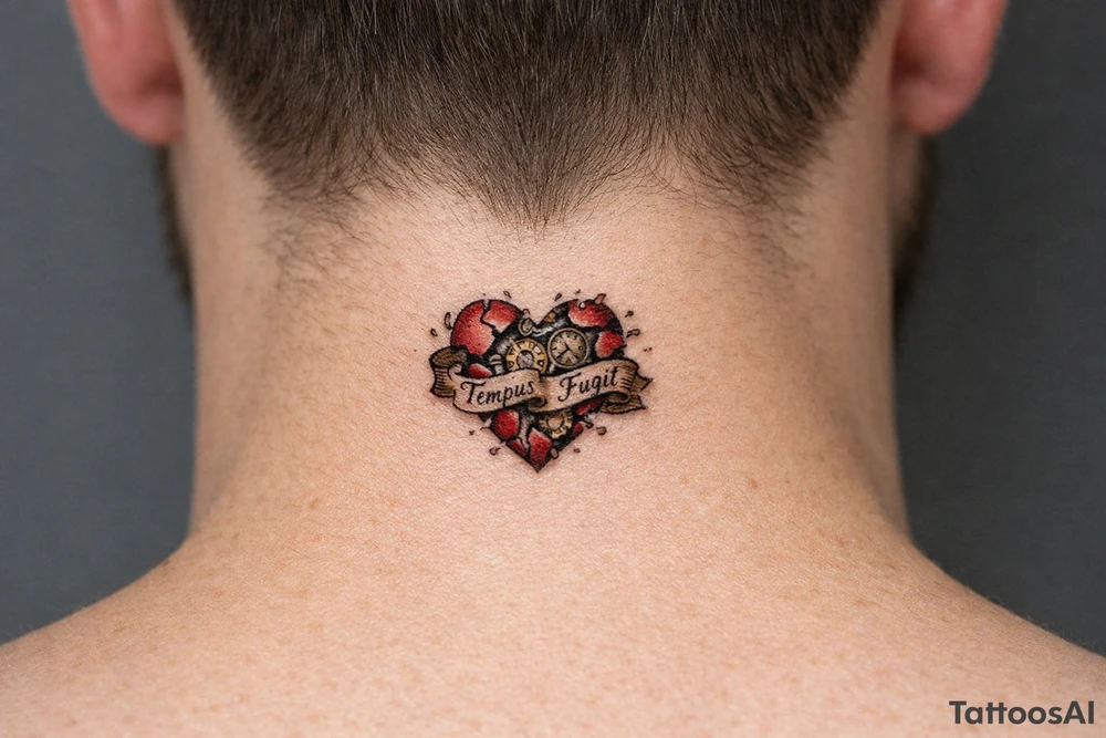Surreal heart with clockwork gears breaking apart, script entwined. tattoo idea