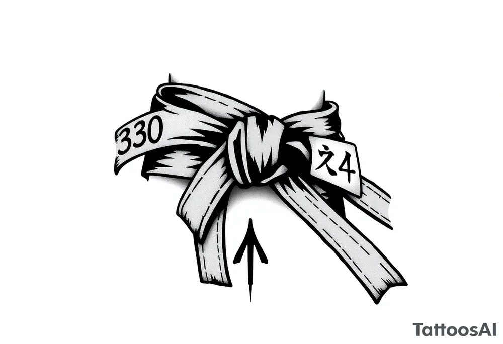 A realistic black and gray tattoo of a Brazilian Jiu-Jitsu black belt wrapping around the wrist like a bracelet. The belt is tied in a knot with one end showing the number 30 and the other showing 24. On the flat end of the belt, two Japanese kanji characters are inked in white: 成長 (growth) and 忍耐 (perseverance). The belt has subtle stitch marks and worn, textured shading for a slightly distressed, authentic look. tattoo idea