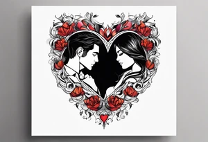 A girl with an empty heart and a guy with a burning heart. They stand back to back tattoo idea