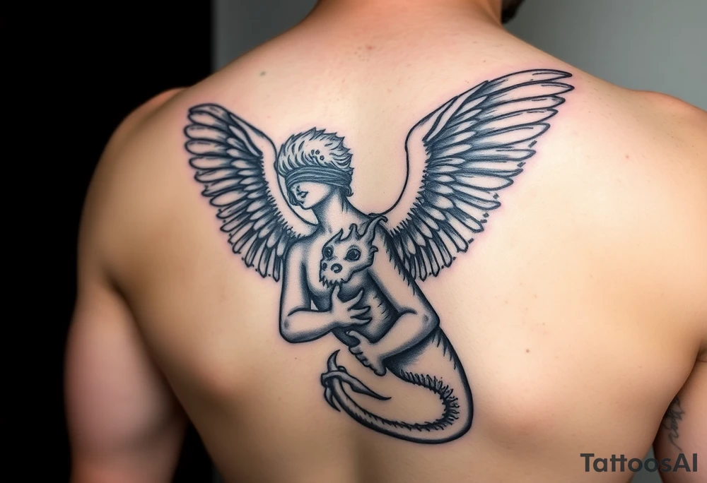 Angel blindfolded holding draco tattoo idea