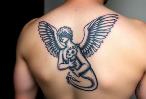 Angel blindfolded holding draco tattoo idea