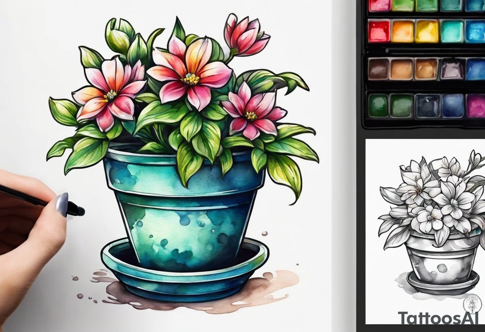 I would like a tattoo of a small-sized flower pot. Coming out of the flower pot should be a flower that has not bloomed yet, but is getting close to blooming. tattoo idea