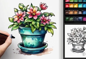 I would like a tattoo of a small-sized flower pot. Coming out of the flower pot should be a flower that has not bloomed yet, but is getting close to blooming. tattoo idea