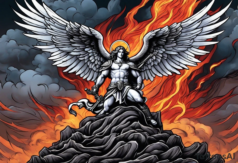 Michael the Archangel standing on top of the devil laying over hot lava.  Clouds and lightning in background. tattoo idea