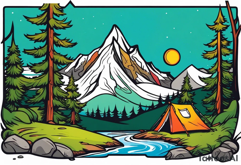 Small campfire in the center, right side: an evergreen tall tree, left side: mountain stream tattoo idea