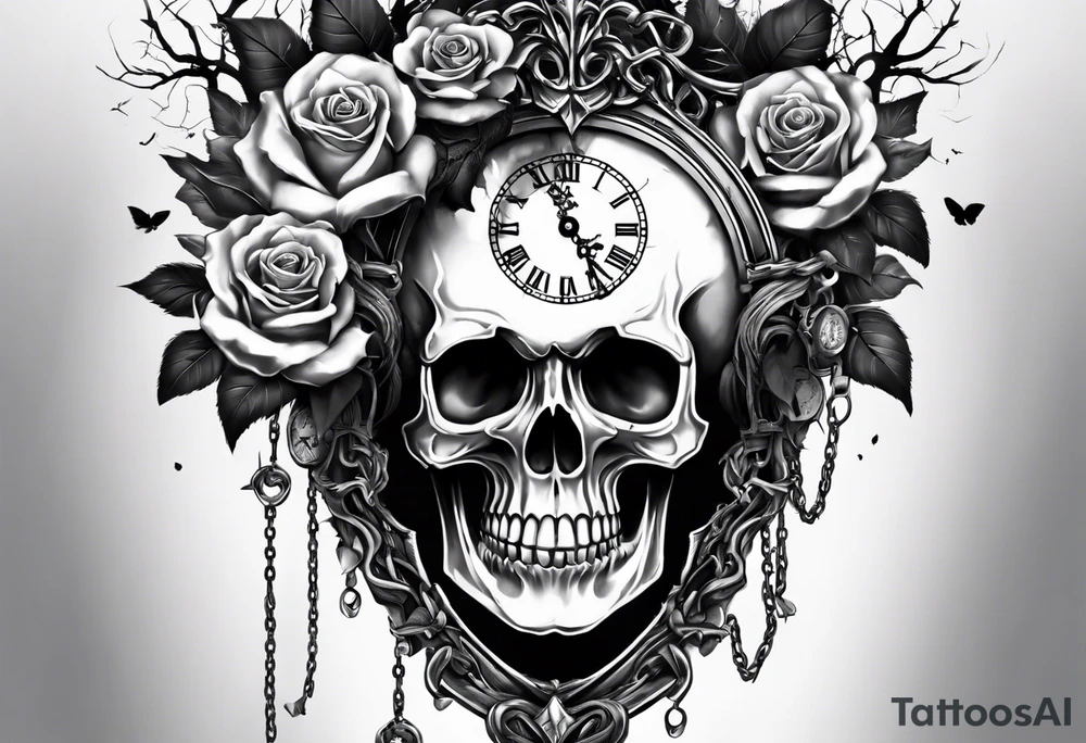 tattoo fool sleeve, tree roots break out of the chains, broken mask, clock with flying numbers, girl and skull, roses tattoo idea