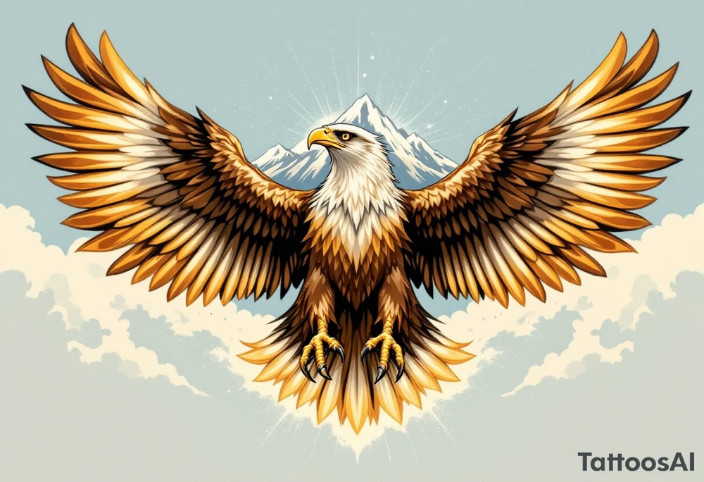 A majestic eagle in flight with wings spread wide, its feathers detailed in shades of deep brown, gold, and cream. The eagle’s sharp, focused eyes are outlined in black, with subtle accents of amber to create an intense gaze. The feathers on the wings have gradients of dark brown at the tips, transitioning to lighter golden hues towards the body. The background features a soft blue sky with wisps of clouds, adding a sense of movement and freedom. The eagle’s talons are outstretched, ready to grasp, with a slight glow around them, symbolizing power and dominance. A faint outline of a mountain range can be seen beneath the eagle, representing strength and resilience. tattoo idea