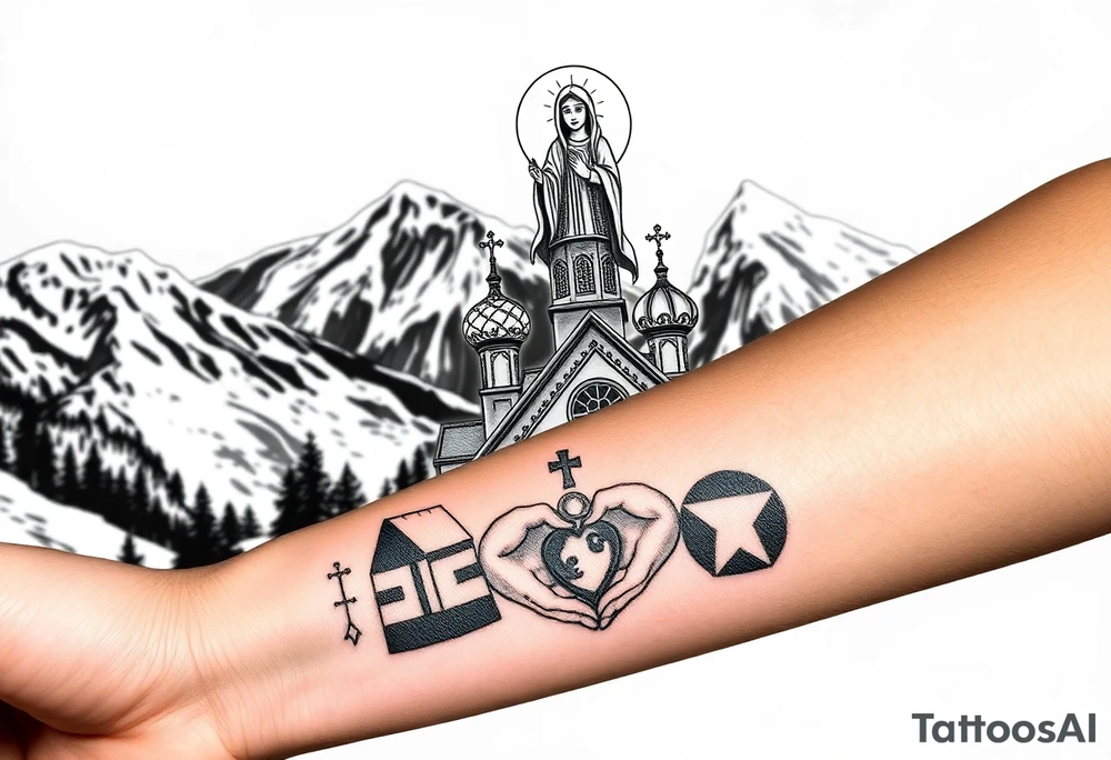 Russian Orthodox church with orthodox spire crosses in a mountainous village setting, with a holy glow around the church, and a virgin mary sat seperately above looking over hands on heart sat above tattoo idea
