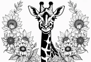 giraffe front view with sunflower and leafs tattoo idea