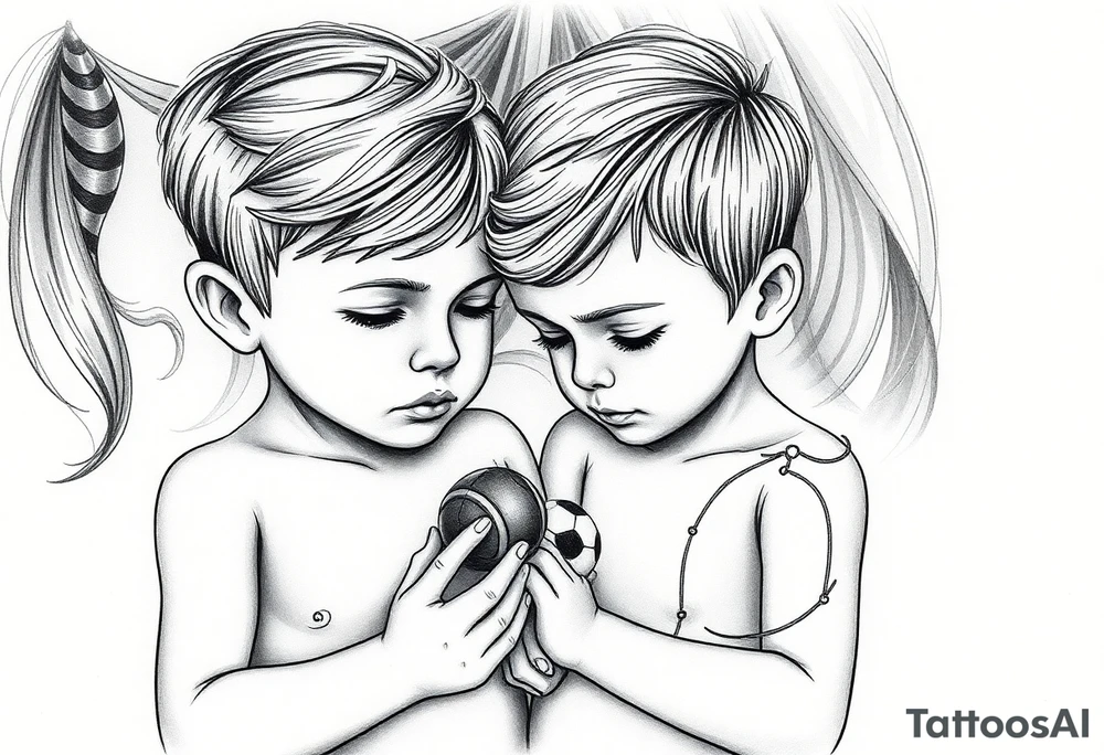 two small boys with their mother  a small train toy and a small football toy. tattoo idea