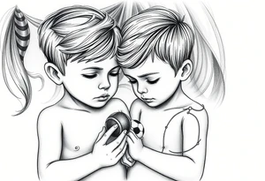 two small boys with their mother  a small train toy and a small football toy. tattoo idea