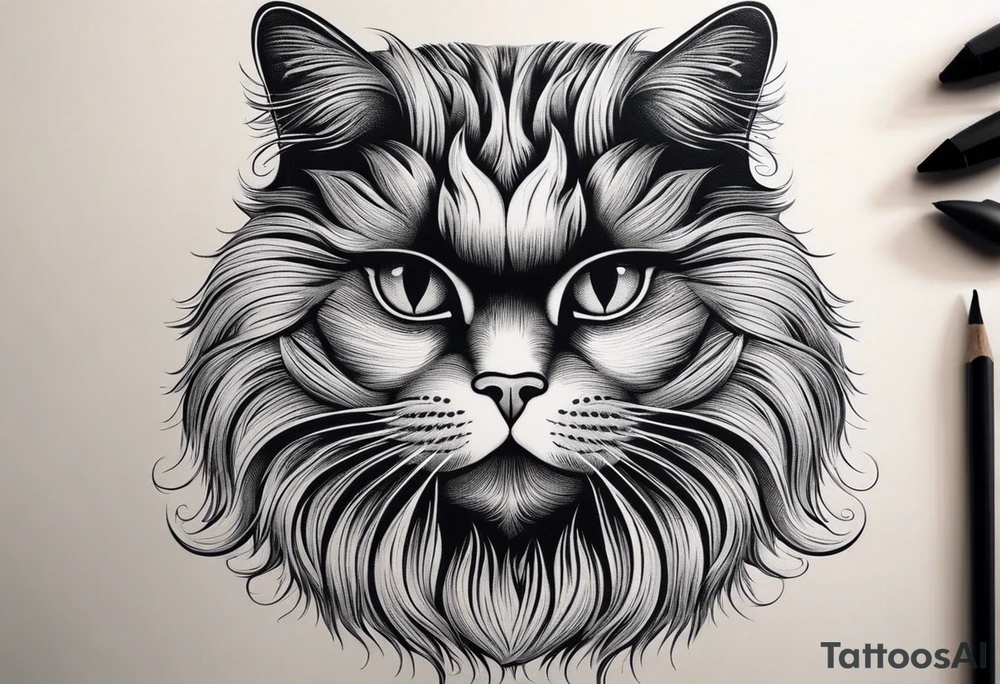 Generate a tattoo design of a long-haired Persian cat with soft, flowing lines, highlighting its luxurious fur in a minimalist style. tattoo idea