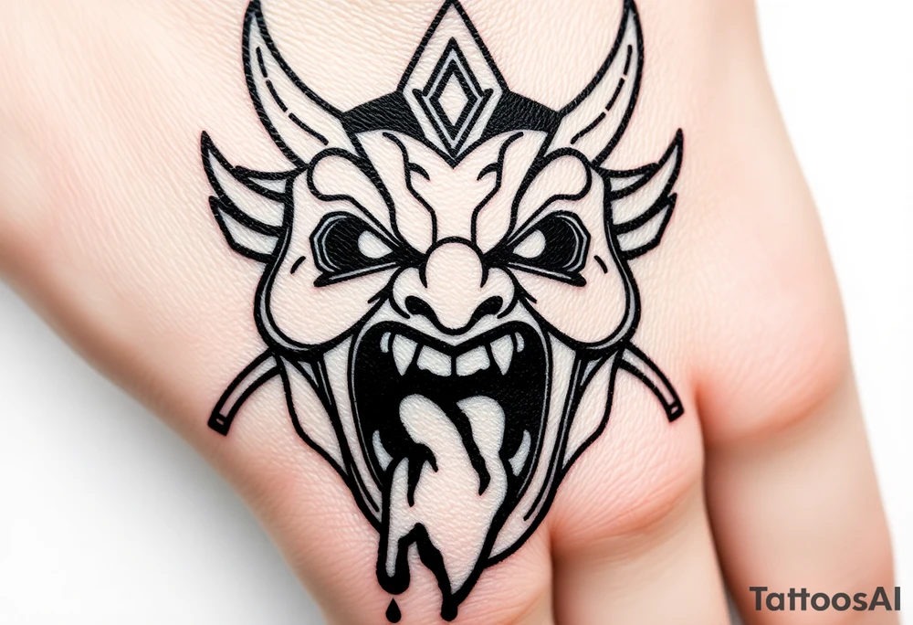 I need to depict a Japanese traditional mask that screams in pain, opening its mouth wide and spitting out blood. tattoo idea