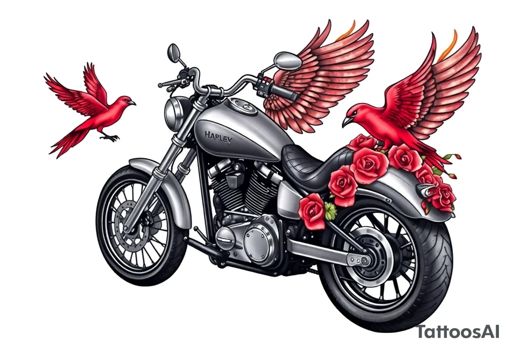 Harley grey motorcycle driving away, two red birds flying, roses, flames,angel wings tattoo idea