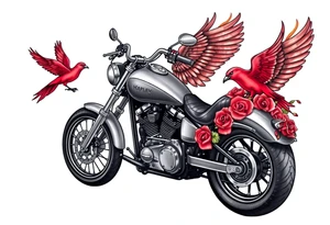 Harley grey motorcycle driving away, two red birds flying, roses, flames,angel wings tattoo idea