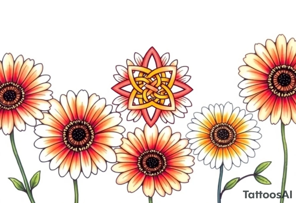 Gerbera daisies with a colorful Celtic knot tattoo idea