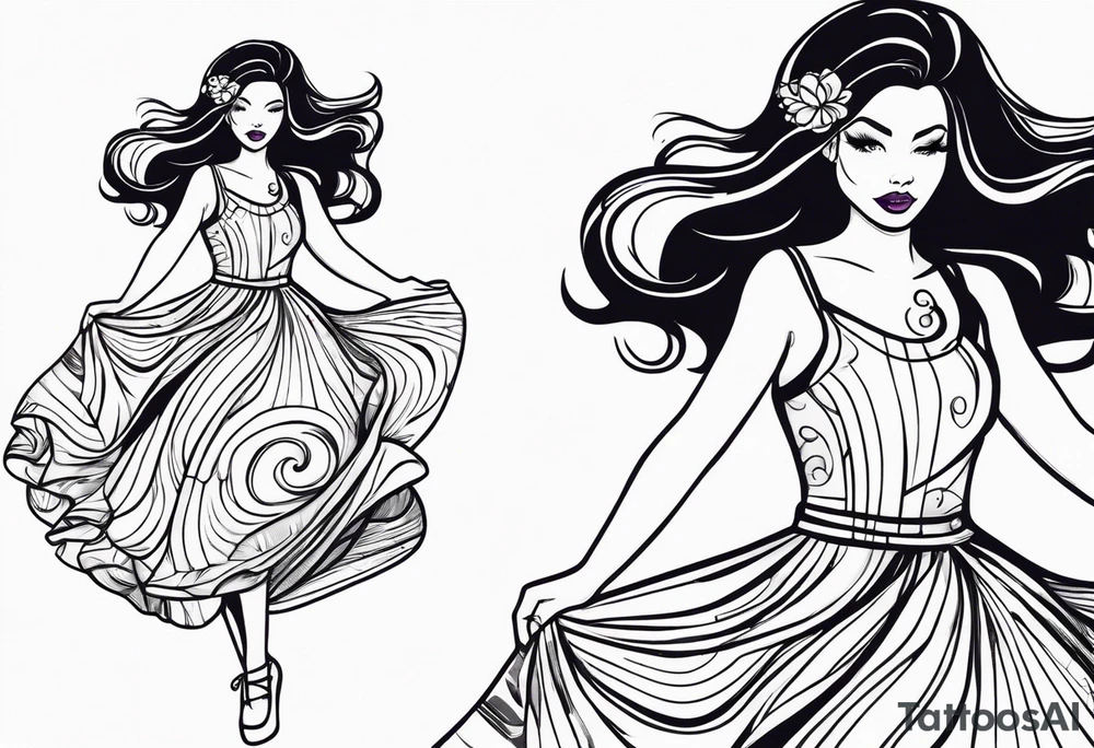 Girl twirling full body with flowing dress tattoo idea
