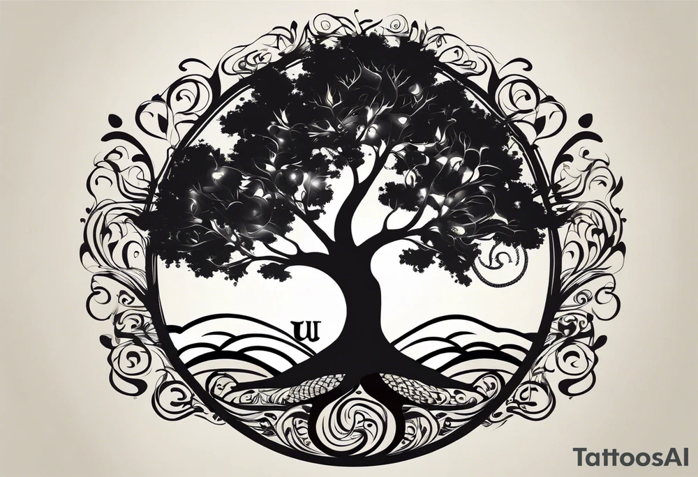 A tattoo design that incorporates the following elements: an abstract tree of life that has roots emerging  from the ground. Waves of water encapsulate the tree and wind around it in an organic way.  Incorporate music.   the letters U and A are overlapping and engraved into the tree. a golf ball incorporated but not prominent. tattoo idea