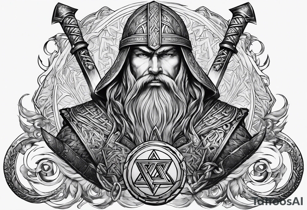 Valhalla sword round axe Valknut steps fire chains tattoo idea Valhalla sword round axe Valknut steps fire chains tattoo idea