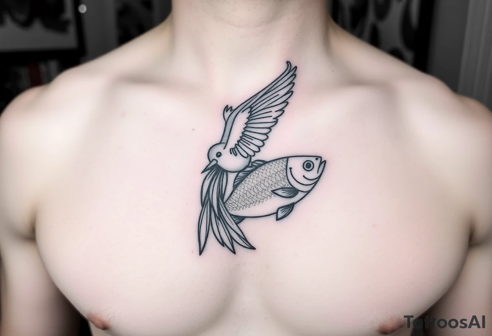 small  minimal fine line bird and fish tattoo, for chest, man. not many details. a lot of black color tattoo idea