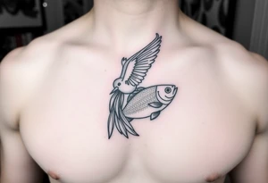 small  minimal fine line bird and fish tattoo, for chest, man. not many details. a lot of black color tattoo idea