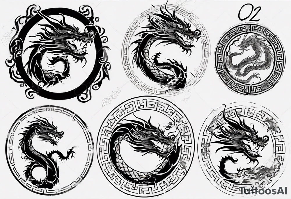 Chinese dragon in a circular shape with "02.03" written on its skin tattoo idea