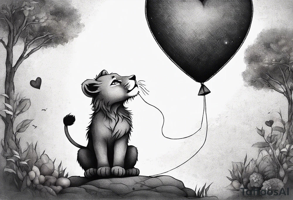 tatoo in sketch style only.
A little lion boy is holding a string to the hearth shaped small party baloon.
lion boy should be drawed from behind and has one hand reaching up in 45 degree angle and holding the baloon string
On the string is a wave which look like a hearbeat pulse.
draw it without any scenery, without any background. Just a boy 
Add heartbeat pulse on the string tattoo idea