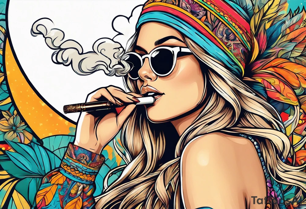 Hippie girl smoking a joint, blond hair, Bell-bottoms, and a big booty tattoo idea