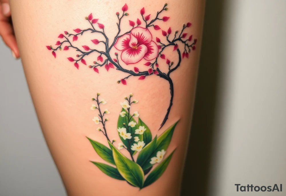 Lilly of the vally plants underneath a blooming hawthorn tree tattoo idea