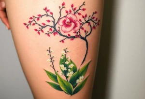 Lilly of the vally plants underneath a blooming hawthorn tree tattoo idea