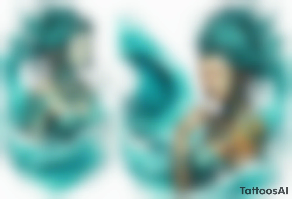 a turquoise Na'vi woman standing in the sea surrounded by crashing waves tattoo idea