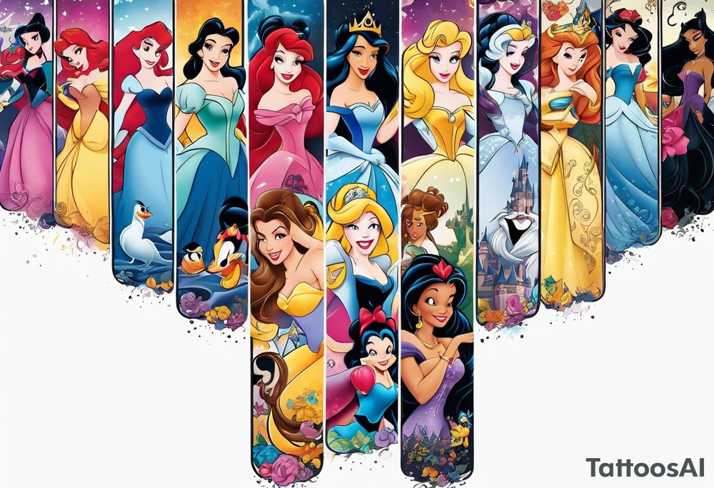 Disney princesses and Disney villains mixed together on an arm sleeve tattoo idea