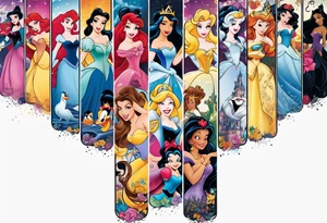 Disney princesses and Disney villains mixed together on an arm sleeve tattoo idea