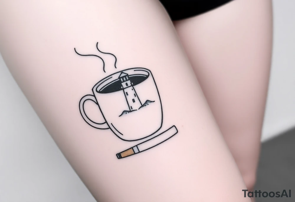 A mug of coffee
 with a picture of a 
 lighthouse on the the mug and a cigarette laying next to it tattoo idea