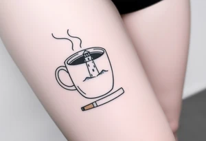 A mug of coffee
 with a picture of a 
 lighthouse on the the mug and a cigarette laying next to it tattoo idea